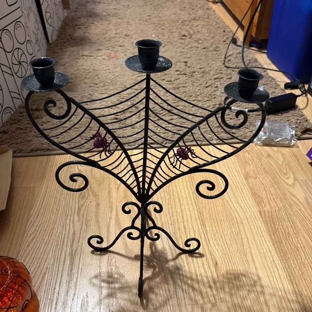 Spiderweb And Spiders Halloween 15” 3 Candle Candle Holder Metal